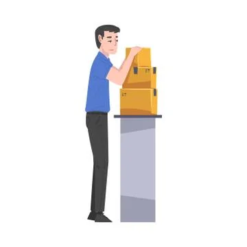 Man Standing at Table Packing Cardboard Boxes Preparing Goods For Dispatch Stock Illustration