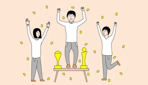 Man is standing on a table with a trophy and two people congratulated Stock Illustration