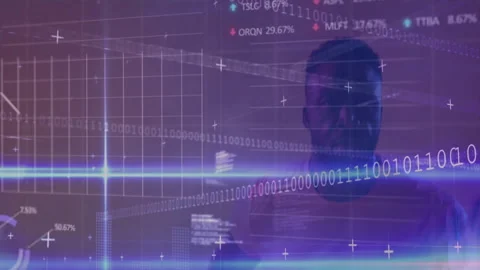 Man standing in tech studio, projecting holographic binary code with percent Stock Footage 307945972