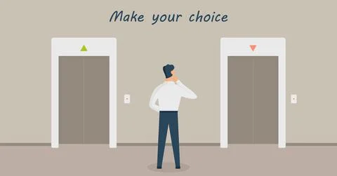 A man is standing in thought in front of two elevators and having choice Stock Illustration