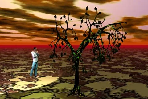 Man standing in thought before the tree Stock Illustration