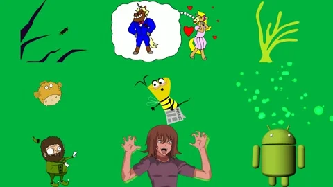 Man standing top green screen cartoon horse pink mane background tree. Stock Footage 310563077