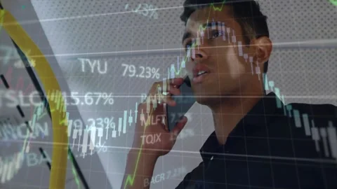 Man standing transit talking after market alert, moving charts growing over Stock Footage 328330966