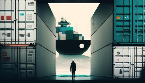 A man standing in a tunnel between two cargo containers with a ship in the .. イラスト素材