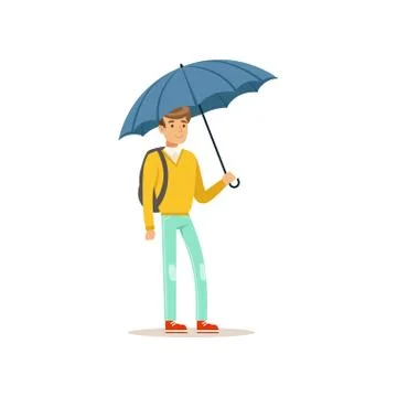 Man standing under blue umbrella flat vector illustration 스톡 일러스트