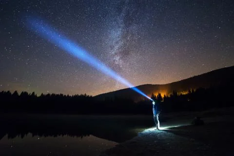 Man Standing Under The Starry Night Sky, Lighting With Head Lamp Stock Photos