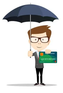 Man standing under umbrella and protects a Credit Cards Stock Illustration