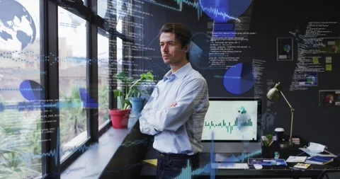 Man standing at view, tech chart updating causing pie layers rising,fading Stock Footage 330893896