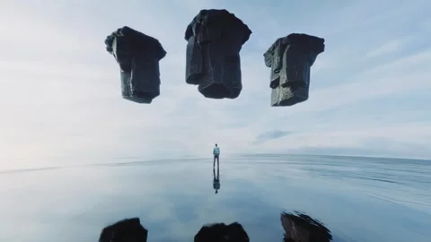 Man standing on water looking at three giant rocks levitating in the sky Stock Footage 246874261