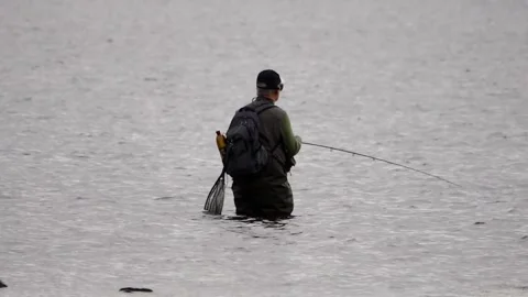 Man standing in water while fishing Stock Footage 132268005