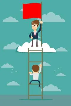 Man standing while holding the career ladder to get the flag in the clouds Stock Illustration