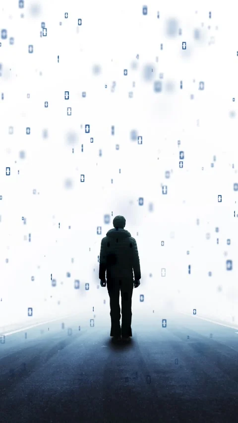 Man stands alone on the road with binary data loop animation Stockbeeldmateriaal 345055961