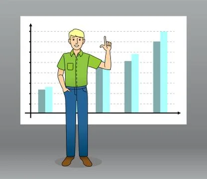 Man stands on the background of the line chart, shows the chart with his hand Stock Illustration