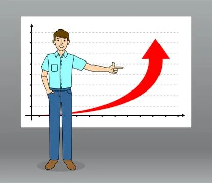 Man stands on the background of the line chart, shows the chart with his hand Stock Illustration