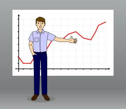 Man stands on the background of the line chart, shows the chart with his hand Stock Illustration