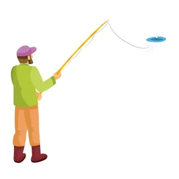 Man stands backwards to us and catches fish with a fishing rod, cartoon illus Stock Illustration