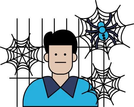 Man stands behind bars, surrounded by spiders and webs 스톡 일러스트