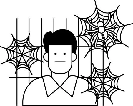 Man stands behind bars, surrounded by spiders and webs 스톡 일러스트