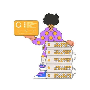 .A man stands close to the server, grasping an IoT logo. Stock Illustration