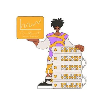 A man stands close to the server, holding the IoT logo. 스톡 일러스트