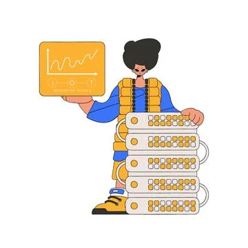 The man stands close to the server, holding the Internet of Things logo. Stock Illustration