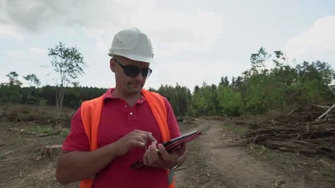 Man stands at deforestation site inspecting area and making recordings in tablet Stock Footage 163672167