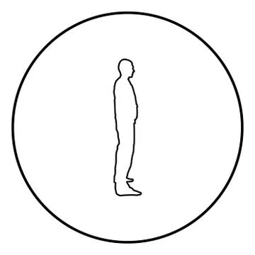 Man stands dressed in work clothes overalls and looks straight icon outline b Stock Illustration