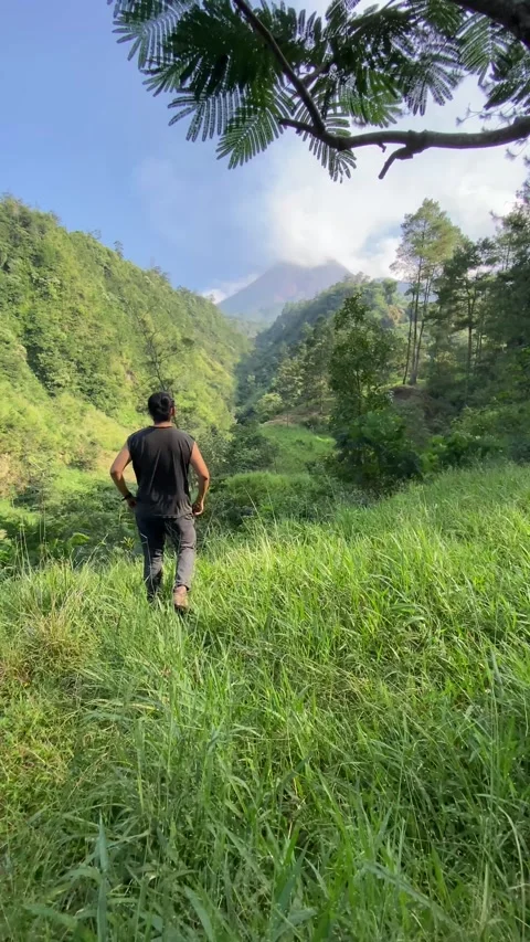 A man stands enjoying the view of Mount Merapi Vidéo 346837558
