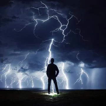 A man stands in a flash of lightning. Black sky and black earth. The last per Stock Photos
