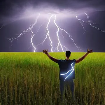 A man stands in a flash of lightning with his hands raised to the sky. Field  Stock Photos
