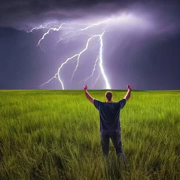 A man stands in a flash of lightning with his hands raised to the sky. Field  Stock Photos