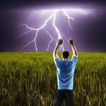 A man stands in a flash of lightning with his hands raised to the sky. Field  Foto stock