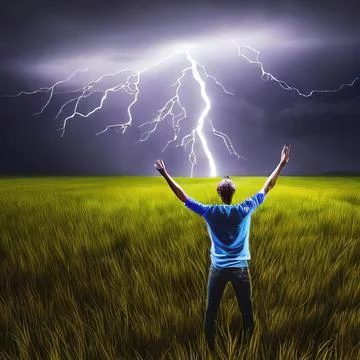 A man stands in a flash of lightning with his hands raised to the sky. Field  Foto stock