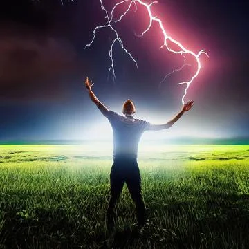 A man stands in a flash of lightning with his hands raised to the sky. Field  스톡 사진