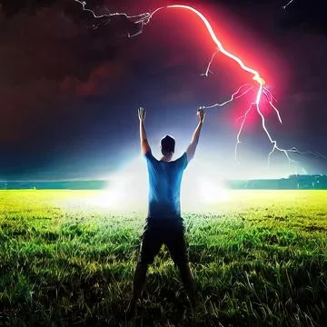 A man stands in a flash of lightning with his hands raised to the sky. Field  Stock Photos