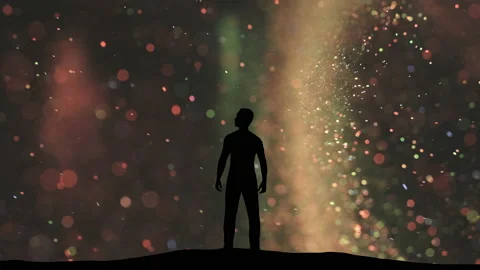 The man stands on a flying cosmic particles background Stock Footage 165282486