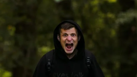 A man stands in the forest, yelling angrily Stock Footage 287754724