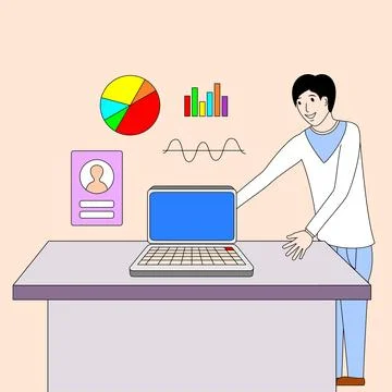 A man stands in front of a computer with a laptop on the table Stock Illustration
