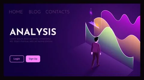 Man stands in front of finance chart. Business analytics concept. Illustrazione stock