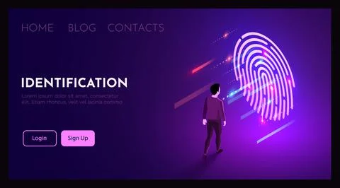 Man stands in front of finger print symbol. Biometric identification concept. Stock Illustration