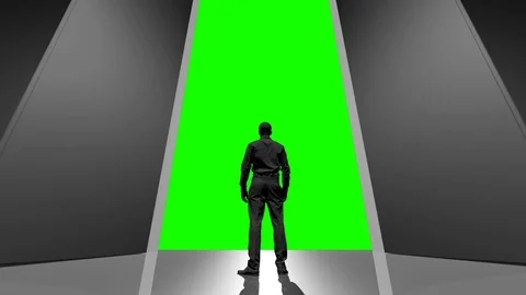 A man stands in front of the gate to the future, green screen, alpha Stock Footage 85161408