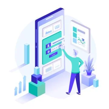 A man stands in front of inputted secured data. Registration form Stock Illustration