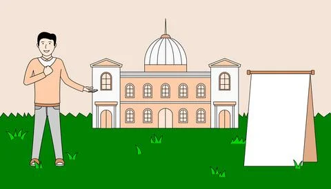 A man stands in front of a large building with a sign in front of him Stock Illustration
