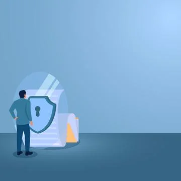 A man stands in front of a security shield of files coming out of a folder,.. Stock Illustration