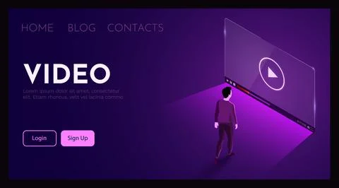 Man stands in front of video player. Online education concept. Stock Illustration