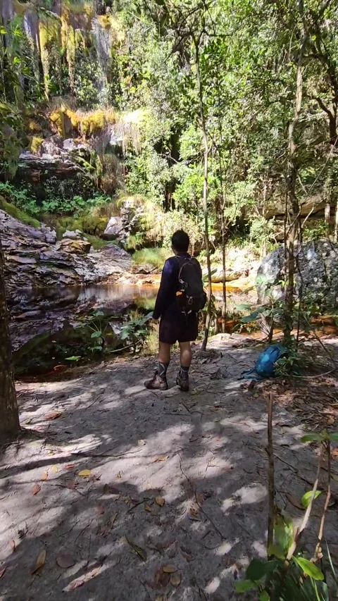  man stands in front of a waterfall covered in moss located close to Belo Horizo Stock Footage 249019976