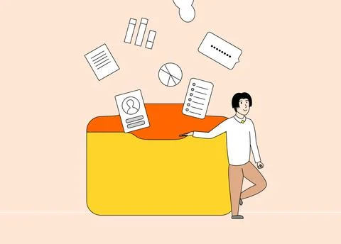 Man stands in front of a yellow folder with various data Stock Illustration