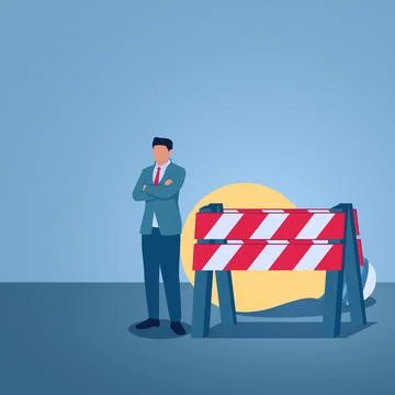 A man stands frustrated in front of a blockade of idea lights, an illustrat.. Illustrazione stock