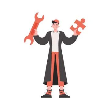 A man stands in full growth and holds a wrench in his hands. Isolated. Elemen Stock Illustration