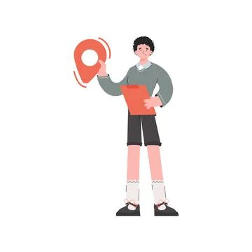 A man stands in full growth and holds a navigation sign in his hands. Isolate Stock Illustration
